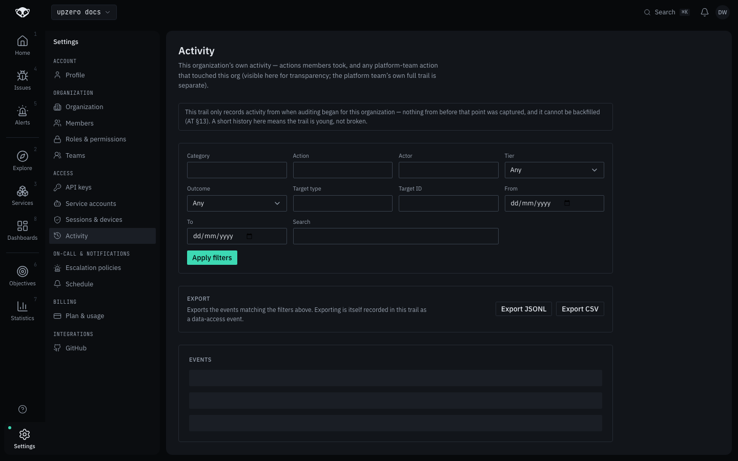 The Activity filter panel and export controls