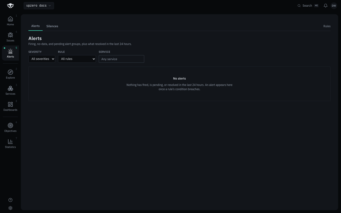 Alerts page, empty on this environment
