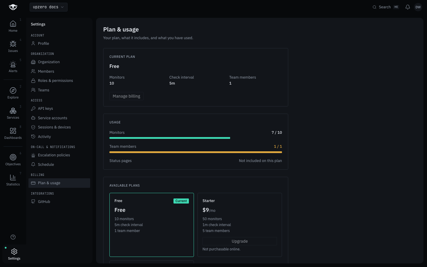 Plan and usage: the current plan, a usage panel with a team-members bar at its limit, and the available-plans grid