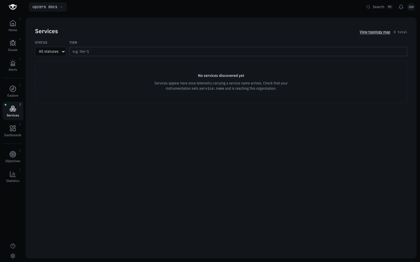 Empty service catalog, before any telemetry has been discovered