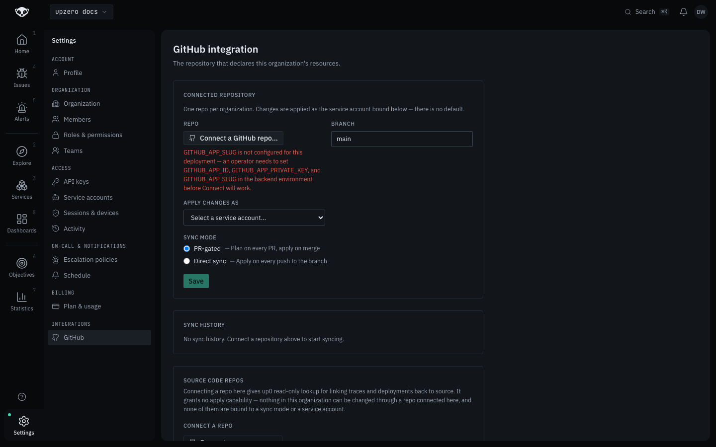 Connect surfaces a missing GITHUB_APP_SLUG on kind