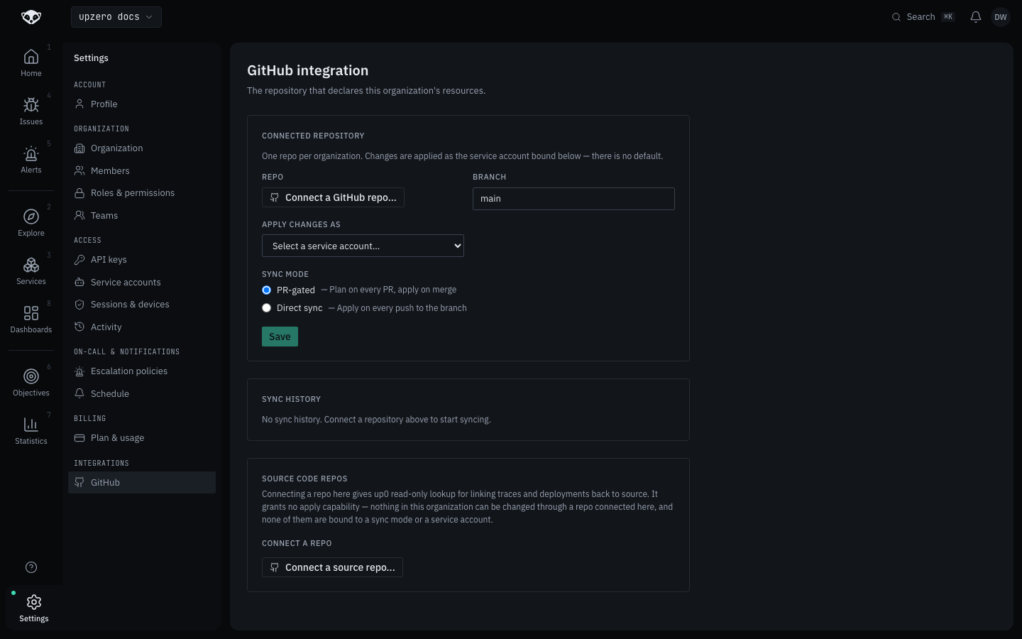 The connect form once a service account exists