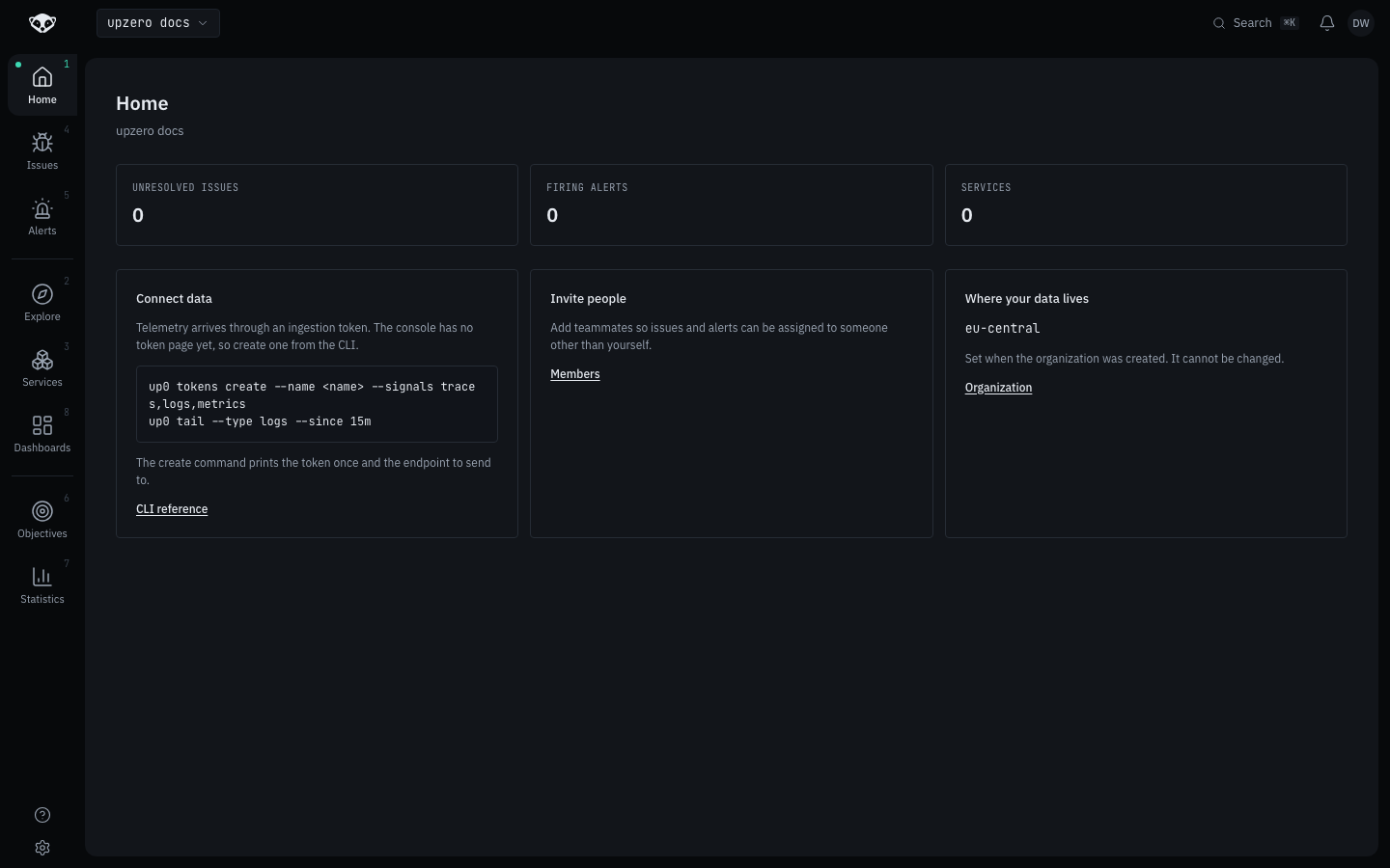 The console's Home page for a freshly created organization, showing zero unresolved issues, zero firing alerts, zero services, a CLI snippet for connecting data, and a link to invite people