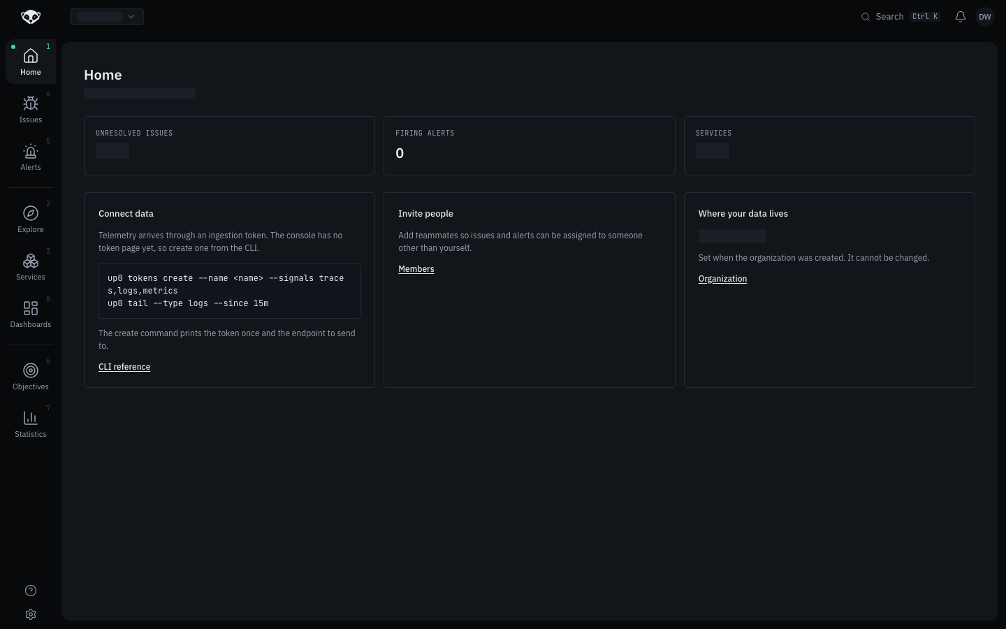The console's Home screen, showing its full left rail: Home, Issues, Alerts, Explore, Services, Dashboards, Objectives, Statistics. There is no Monitors entry.