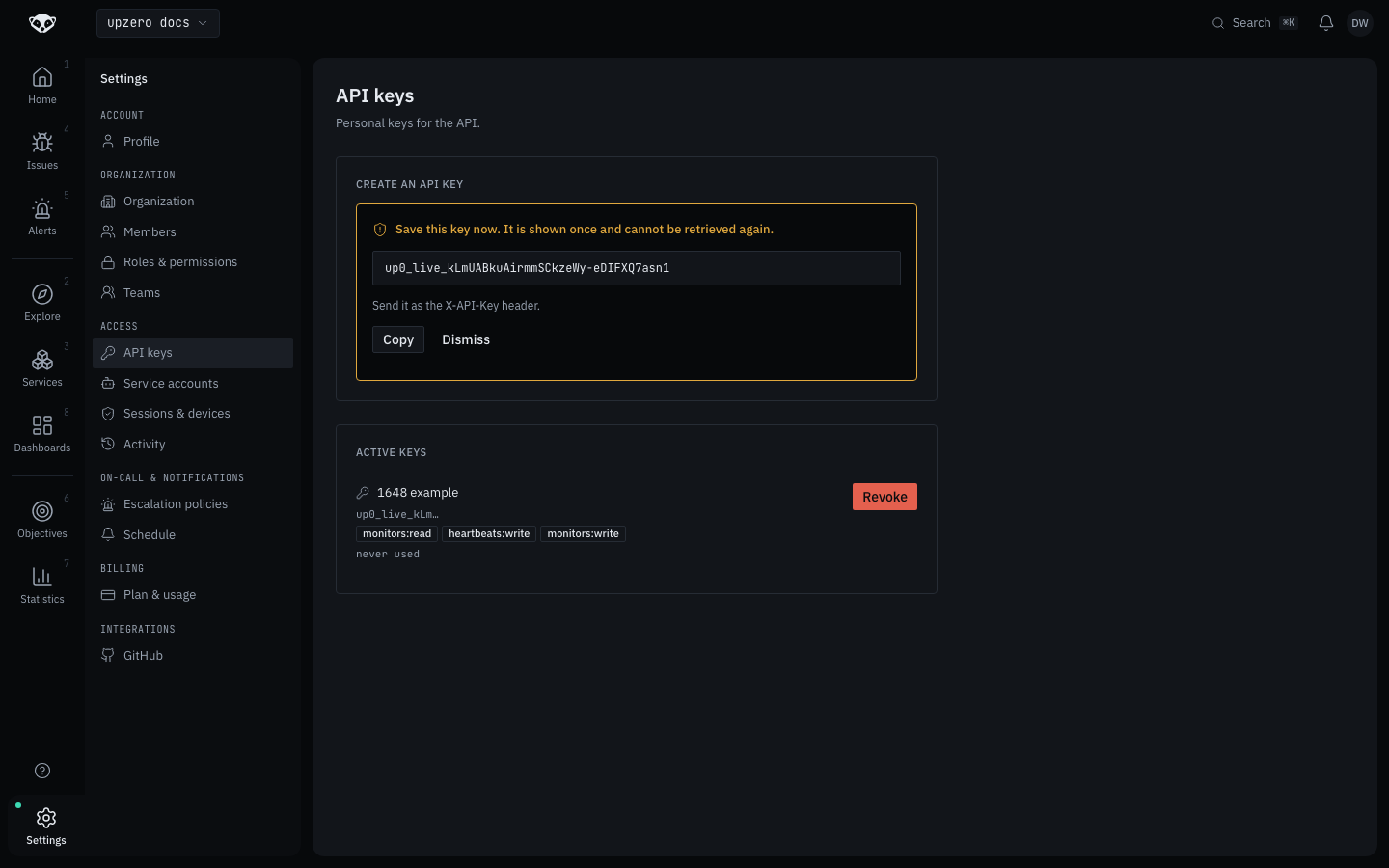 The API keys settings page after creating a key scoped monitors:read, heartbeats:write and monitors:write. The plaintext key is shown once, with instructions to send it as the X-API-Key header.