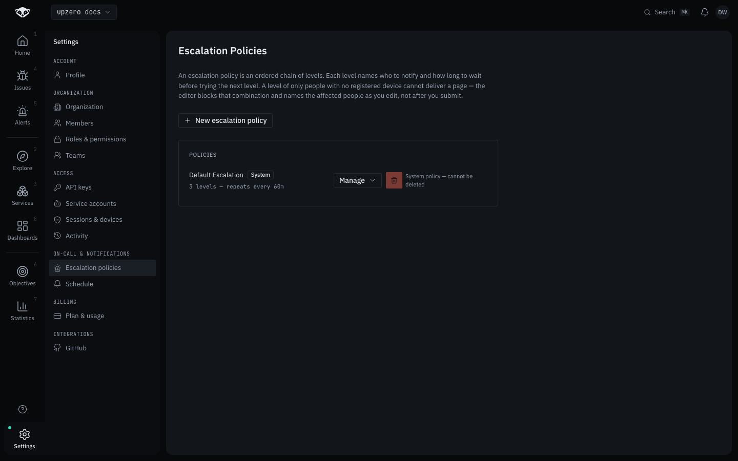 Escalation policies page, showing the seeded default policy