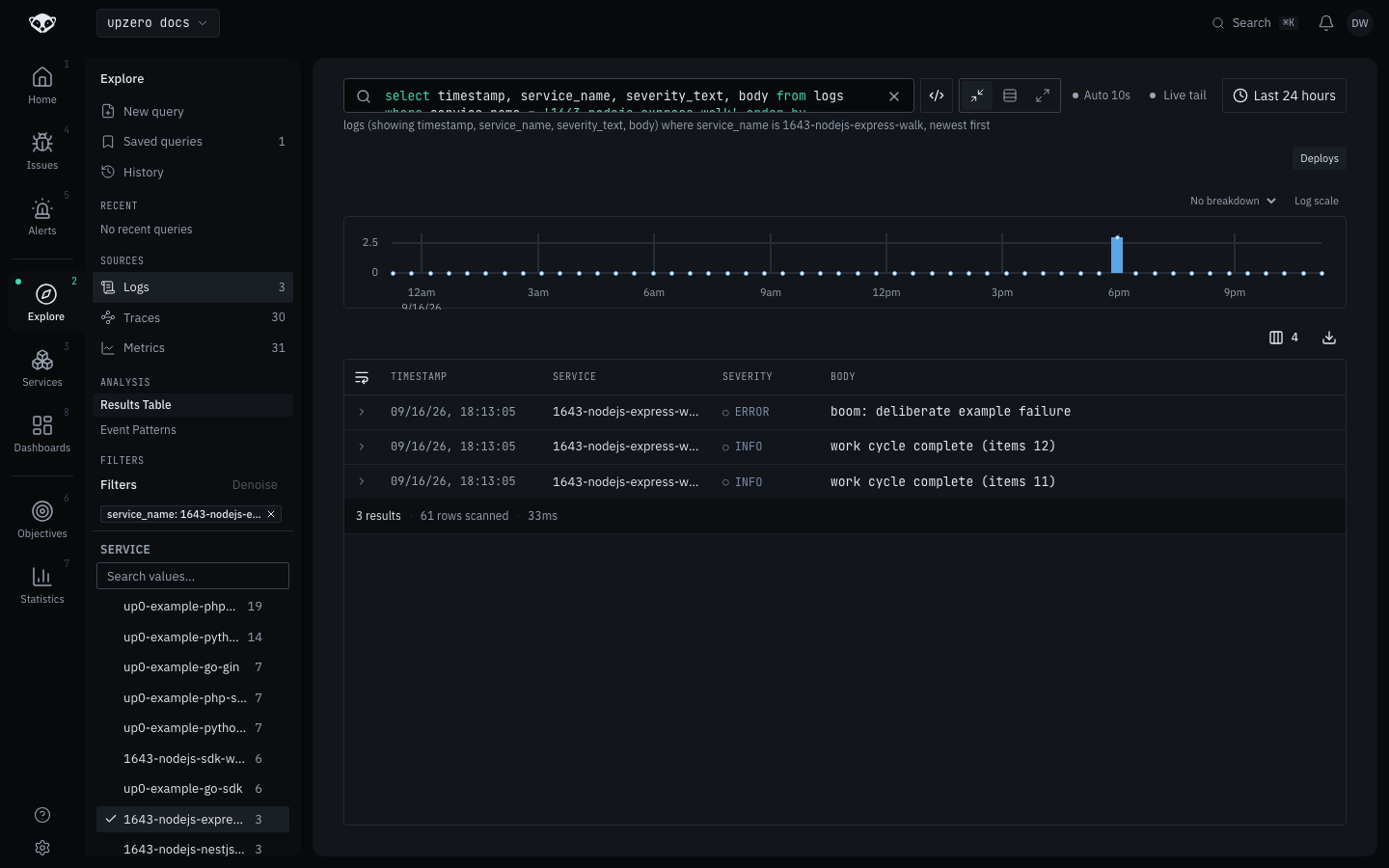 Explore filtered to the Express sample's service, showing GET /work and GET /boom request spans and their correlated logs