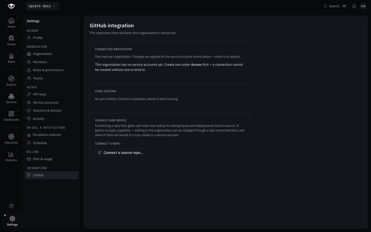 The GitHub integration settings screen, with no repository connected yet