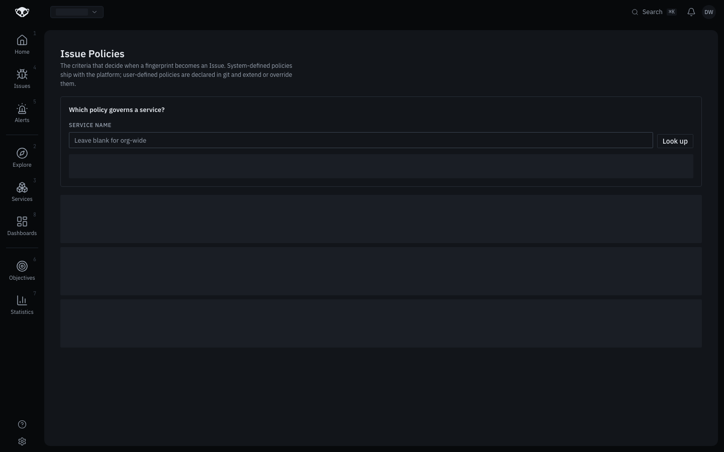 Issue policies page, showing the effective-policy lookup and the policy list