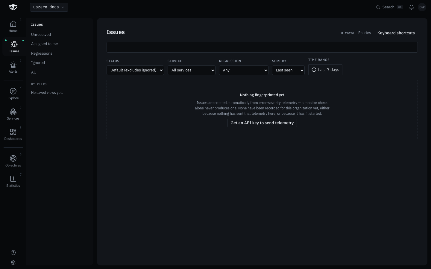 The Issues page on an empty organization, reading "Nothing fingerprinted yet: Issues are created automatically from error-severity telemetry — a monitor check alone never produces one. None have been recorded for this organization yet, either because nothing has sent that telemetry here, or because it hasn't started."