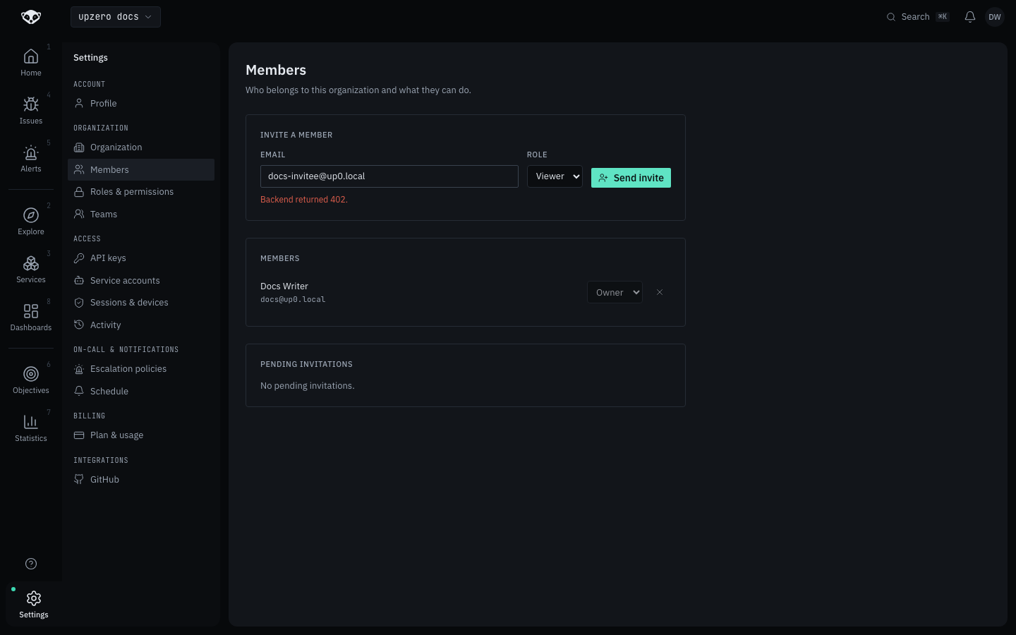The members page after an invite is rejected for exceeding the plan's one-member limit