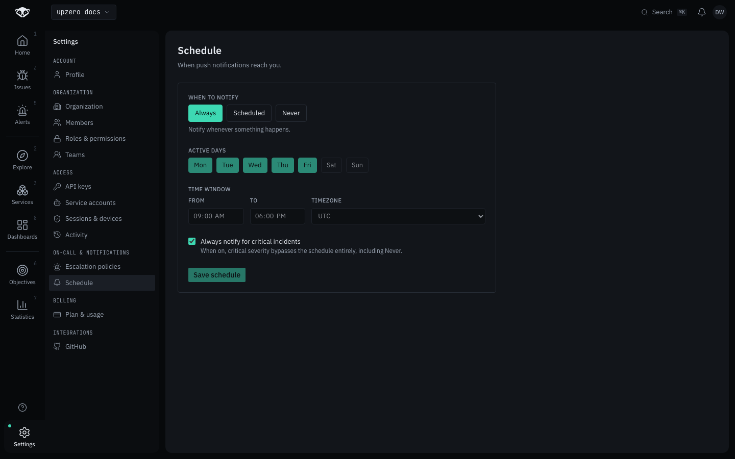 Notification schedule settings, mode Always with a defined time window