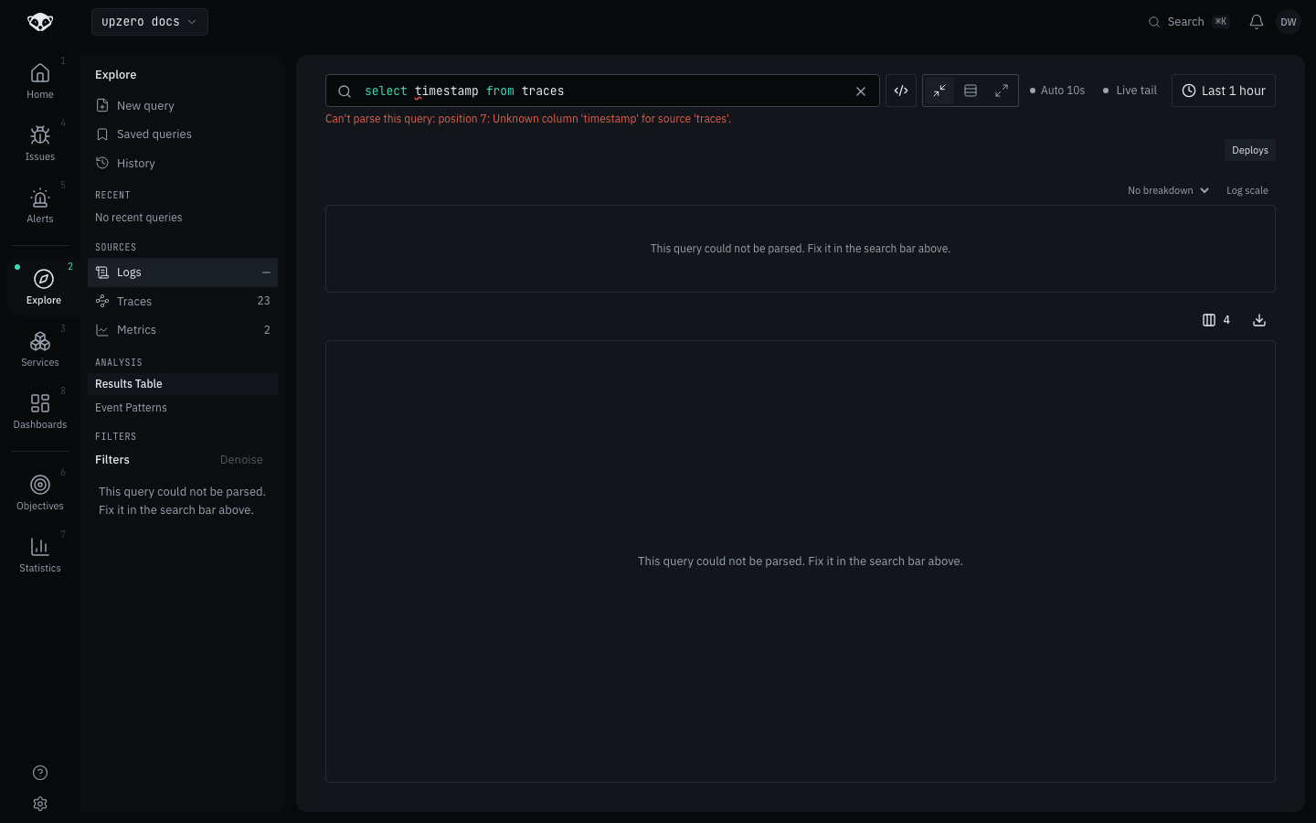 A query using timestamp against traces, rejected with "Unknown column 'timestamp' for source 'traces'."