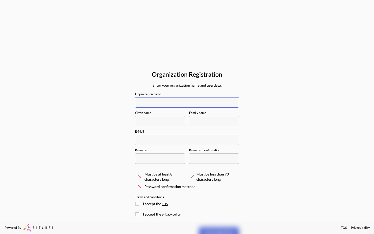 Zitadel's organization registration form, with fields for organization name, given name, family name, email and password