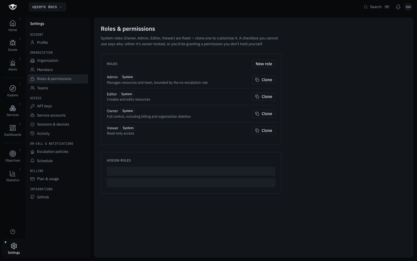 The Roles and permissions page listing the four system roles