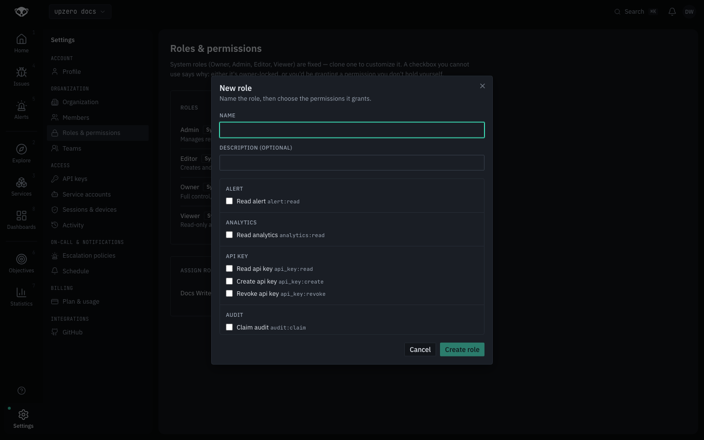 The new-role dialog, with a permission checklist grouped by resource type