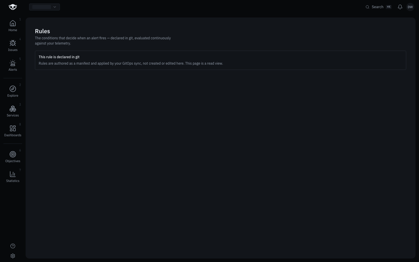 Rules page, no rules declared, explaining the manifest workflow