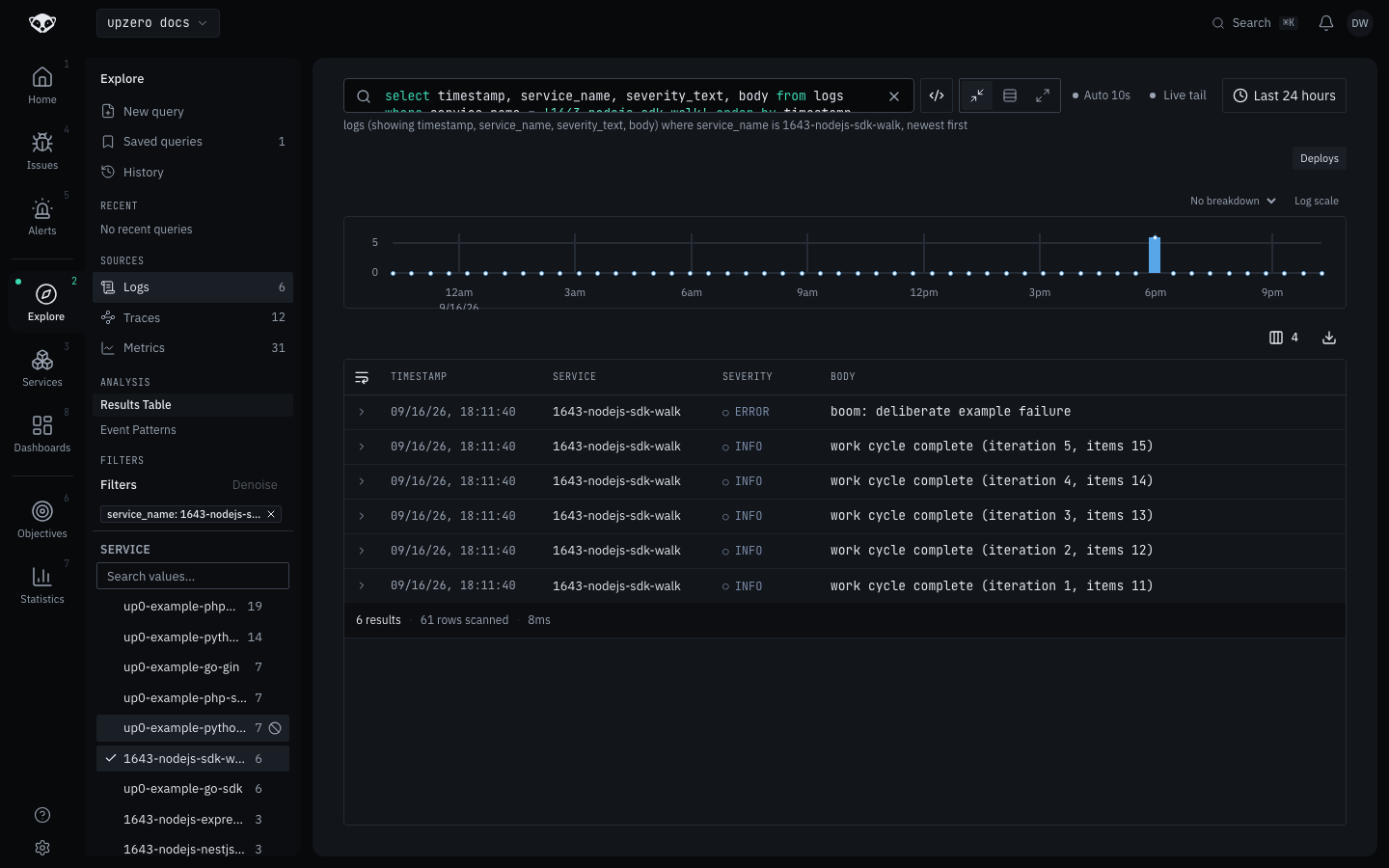 Explore filtered to the SDK sample's service, showing a work cycle complete log, a boom error log, and the histogram of recent activity