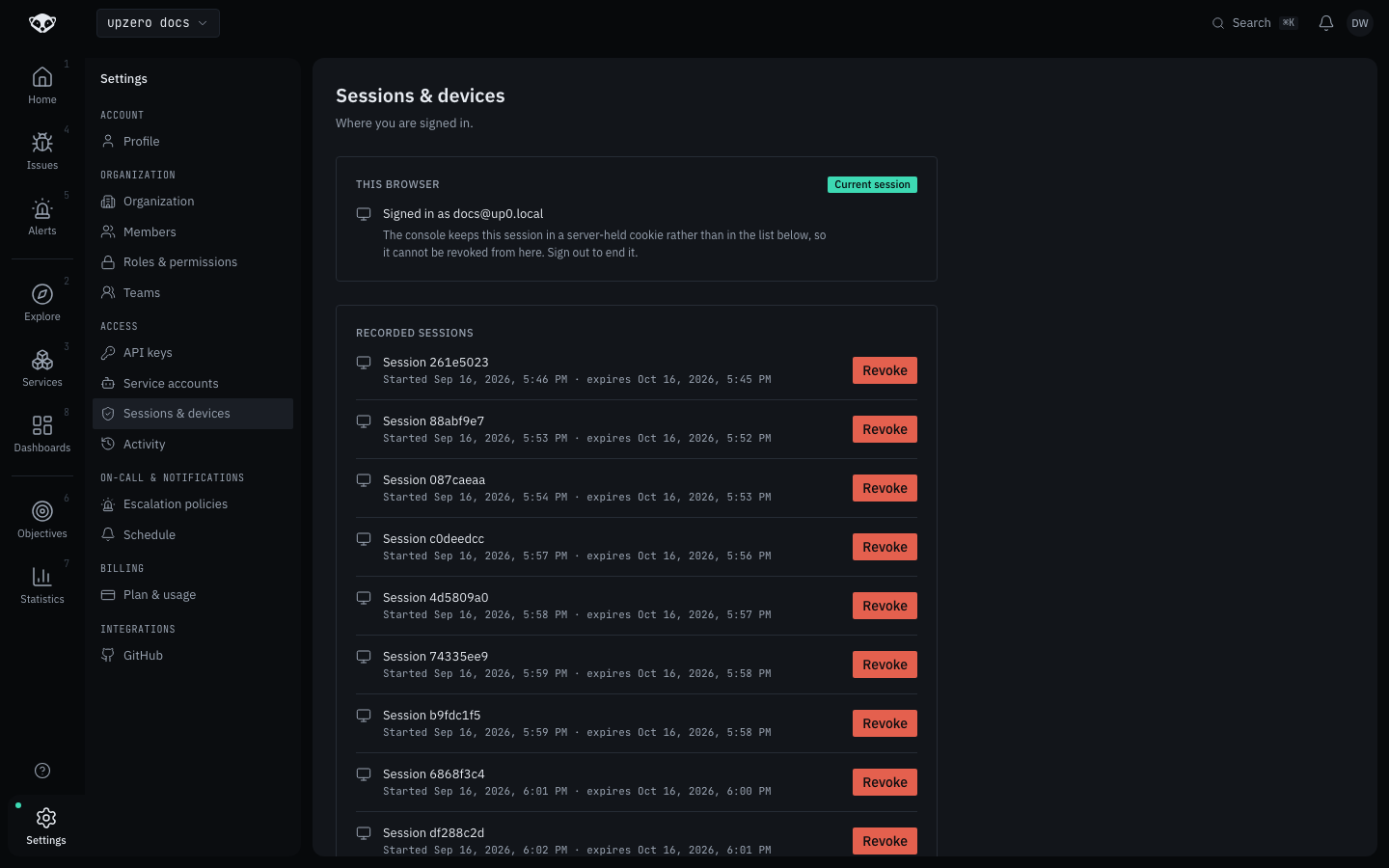 Sessions and devices, with the current-browser panel and a list of recorded sessions