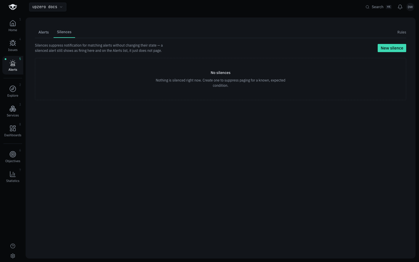 Silences page, empty on this environment