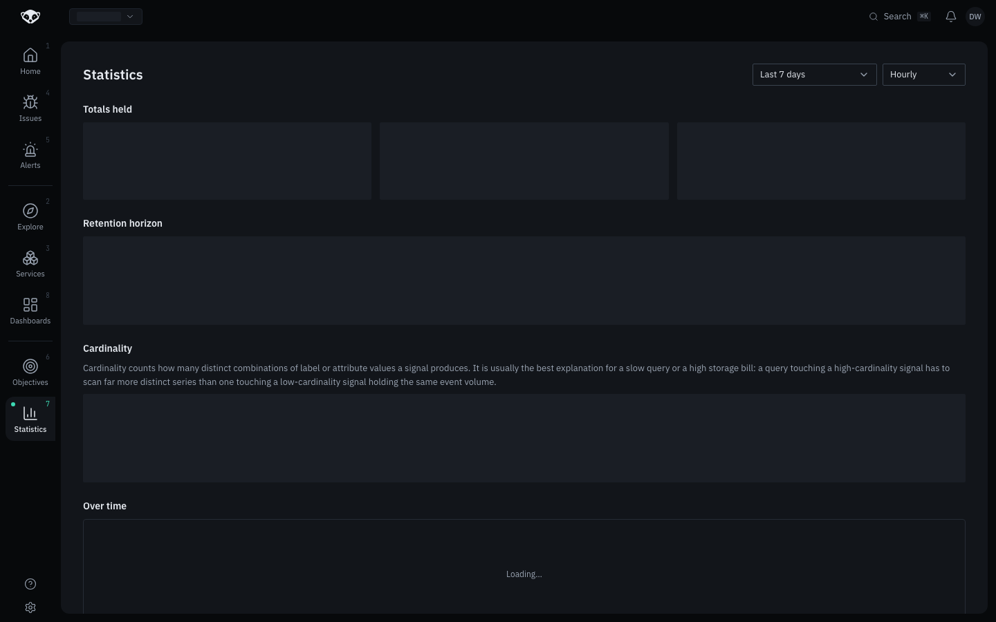 The Statistics page's Totals held, Retention and Over-time sections, all empty because the correlation harness is disabled on this cluster