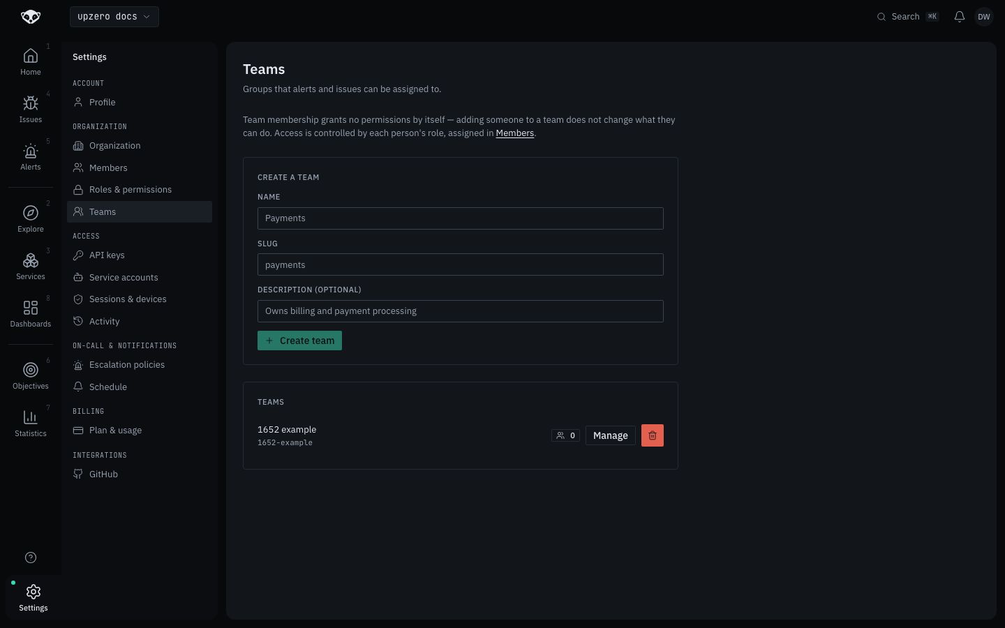 The Teams page with the create-team form and one existing team